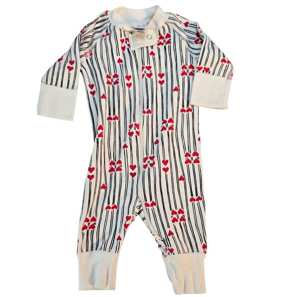 Hanna Andersson Baby Girls Heart Stripe Organic Cotton Sleeper 0-3M White Red